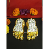 Gold Art India Shri Laxmi Charan Paduka Gold Silver Plated Maa Lakshmi Blessings Feet for Office Home Temple Decor House Warming Any Auspecious Initiation Diwali Pooja Best Gift (4.5 Inch,145gms)