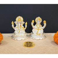 Gold Art India Silver Plated Matte Kamal Laxmi Ganesha with gold plated coin | Golden Jewelry Accents | Diwali & Festival Gift Set (KAMALLAXGANSILVERMATTE2.8 INCH)