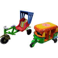Bobo Handpainted Handcrafted Wooden Rickshaw Combo Pack- Auto Rickshaw + Cycle Rickshaw Wooden Showpiece, Home Decor, Diwali Gift, Souvenir Gift, Multicolor Toy - Pack Of 2, Kid