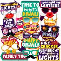 WOBBOX Diwali Decoration Happy Diwali Photo Booth Party Props, Yellow & Purple Colour, Diwali Decoration Item, Diwali Dcor Items (29 Pcs)