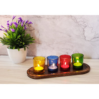 Pure Source India Glass Tealight Candle Holder with Tray -Diwali Decorations Items for Home and Diwali Gifts- Pack of 4 Votives, 4 Tealight Candles, 1 Wooden Tray