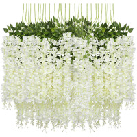 ZHENGTU 12 Pack Decoration Artificial Wisteria Vine Ratta Fake Flower Wisteria Hanging Garland Silk Long Hanging Bush Flowers String Home Party Wedding Dcor Christmas and Diwali (White)