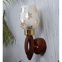 Green House Handmade Sheesham Wood Wall Light Lamp | Modern Fancy Light | Gold Leaf Printed Glass | E27 Bulb Holder(Bulb not Included) | Diwali Decor | Bedroom, Living Room, Dining Room, Hallway