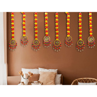 Artificial Marigold Fluffy Flowers Garland String with Bells Ring Pom Pom Rajasthani Wall Door Hanging Latkans Handmade Toran for Diwali Home Wedding Festival Decoration 2.9 Ft Height (8 Piece)