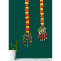 Artificial Marigold Fluffy Flowers Garland String with Bells Ring Pom Pom Rajasthani Wall Door Hanging Latkans Handmade Toran for Diwali Home Wedding Festival Decoration 2.9 Ft Height (2 Piece)