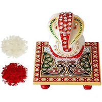 Purpledip Marble Chowki Ganesha & Roli Chawal Tika: Bhai Dooj Diwali Gift Hamper, Multicolour (bd1a)