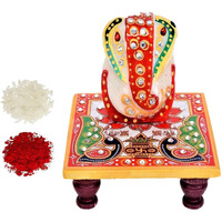 Purpledip Marble Chowki Ganesha & Roli Chawal Tika: Bhai Dooj Diwali Gift Hamper (bd1b)