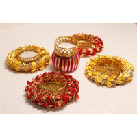Alaukik Beautiful Handcrafted Multi Colour Floral Design Holding Tea Light Holder/Eligent Design Gota Work Tea Light Holder for Diwali,Navratri and Event Decoration/Home Decor Set of 5 (Pack of 5)