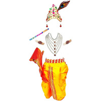 Virushka Metal Tanisha Krishna Dandiya Garbha Navratri Dress 15 (6-12 Months) Set of 10 Items, Dhoti, Bansuri, Kundal, Kamarbandh, 2 Mala, Bandhani, Mukut, Morpankh and Patka for Diwali