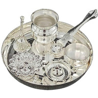 BENGALEN Silver Plated Pooja thali Set 7 Inch Festival Ethnic Puja Thali Items for Diwali Daily Home Mandir Office Wedding Return Gift
