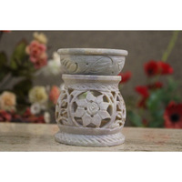 KC KULLICRAFT Handcrafted Marble Soapstone Floral Carving Candle Aroma Burner Oil Diffuser Tea Light Holder Oil Warmer with 1 Free Tea Light Candle.