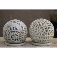 KC KULLICRAFT Soapstone Marble Flower And Elephant Carving Round Tea Light Candle Holder, Pack of 2
