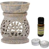 KULLICRAFT Flower Handcrafted Soapstone Aroma Oil Diffuse Burner with 2 Tea Candle and 10 ml (Sandal Wood)