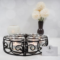 HOSLEY Metal Clear Glass Tealight Candle Holder| Tealight Candle Holder with Glass Holder Perfect for Home Decor Wedding Parties Tabletop| 6-Cup Centerpiece with Pack of 6 Tealights (Black)