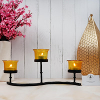 HOSLEY Metal Colored Glass Tea Light Candle Holder|Decorations Items for Home Table Decor Gifts (Glass) Wedding Parties Tabletop| 3-Cup Centerpiece with Pack of 3 Tealights (Black)
