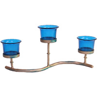 HOSLEY Metal Colored Glass Tea Light Candle Holder|Decorations Items for Home Table Decor Gifts (Glass) Wedding Parties Tabletop| 3-Cup Centerpiece with Pack of 3 Tealights (Gold)