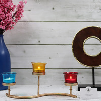 HOSLEY Metal Multicolored Glass Tea Light Candle Holder|Decorations Items for Home Table Decor Gifts (Glass) Wedding Parties Tabletop| 3-Cup Centerpiece with Pack of 3 Tealights (Gold)