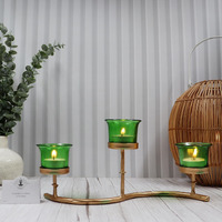 Hosley Metal Colored Glass Tealight Candle Holder| Tealight Candle Holder with Glass Holder Perfect for Home Decor Wedding Parties Tabletop| 3-Cup Centerpiece with Pack of 3 Tealights (Gold)