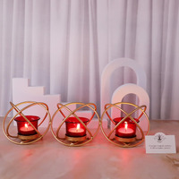 HOSLEY Metal Red Glass Tealight Candle Holder| Tealight Candle Holder with Glass Holder Perfect for Home Decor Wedding Parties Tabletop| 3-Cup Centerpiece with Pack of 3 Tealights (Gold)