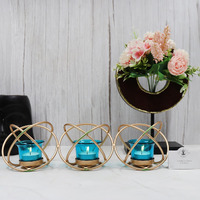 HOSLEY Metal Blue Glass Tealight Candle Holder| Tealight Candle Holder with Glass Holder Perfect for Home Decor Wedding Parties Tabletop| 3-Cup Centerpiece with Pack of 3 Tealights (Gold)
