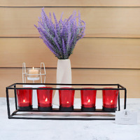 HOSLEY Red Glass Tealight Candle Holders| Tealight Candle Holders with Glass Holders Perfect for Home Decor Tabletop| 5- Cup Centrepiece with Pack of 5 Tealights