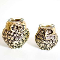BEHOMA Metal Pair Of Owls With Votives For Good Luck And Love | Candle Holder For Home Decor Tabletop Living Room Office | Showpiece Vastu Statue For Gifting Set Of 2, Gold