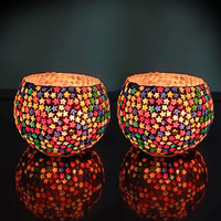 TIED RIBBONS Pack of 2 Turkish Mosaic Glass Votive Tealight Candle Holders - Decorations Items for Table Home Decor Office Gifts (Glass, Multi Color)
