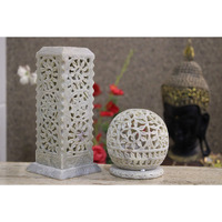 KC KULLICRAFT Combo of Handcrafted Floral Carving Soapstone Marble Incense Agarbati Stand Holder for Puja and Round Tea Light Candle Holder (1 Incense Holder 6 Inch + 1 Round Tea Light Holder)