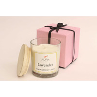 AuraDecor Hand Poured Fragrance Soy Wax Glass Candle 150 gm (with Wooden Lid & Comes in a Gift Box) | 100% Organic Wax Candle with Essential Oils (Transparent_Lavender)