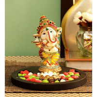 TIED RIBBONS Ganesha Idol Playing Bansuri with Wooden Flower Tealight Candle Holder Statue Showpiece - Decoration Items for Home Decor Mandir Living Room Pooja Room Office Table Gifts