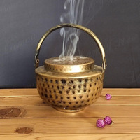 Lamcy Plaza Metal Vintage Finish Dhoop Dani Pot | Tea Light Candle Holder | Heritage Decor | Incense Dhoop Holder | Antique Golden Finish |