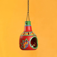 ExclusiveLane The Earthern Bottle Living Room Decorative Terracotta Hanging Tealight Votive Candle Holder (Red) (EL-008-114)