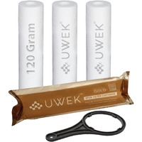 UWEK Gold 10 Inch High Density Spun Pre Filter 5 Micron PP Spun Cartridge 120 gm Sediment Filter Candle Compatible with Pre-Filter Housing of RO Water Purifier (Pack of 4 Spun + Spanner)