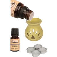 Pure Source India Ceramic Aroma Burner Regular Yellow Color with 10 ML Sandal Wood Aroma Oil and 4 Tea Light Candle (Oil Burner Set)