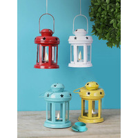 Tied Ribbons Set Of 4 Hanging Lantern Tea Light Candle Holder For Table Decoration - Christmas Decorations Items For Home Decor And Xmas Gifts (Multicolor) - Metal, Blue