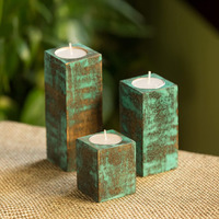 ExclusiveLane Wooden Antique Finish Table Tea Light Candle Holders for Home Decoration | Teal Blocks Handpainted Tealight Candle Stand (Set of 3)