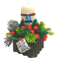 Quarya Decorative Candle with Wooden Stand Wax Pillar Design Round Merry Christmas Candles with Decoration Items for Xmas for Home Office Decoration (Pack of 1)