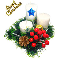 Quarya Decorative Candles 1 Set of 3 Wax Pillars Design Round Merry Christmas Candles with Decoration Items for Xmas Santa Candle for Home Office Decoration(1 Set with Merry Christmas Acrylic Cut out)