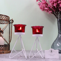 HOSLEY Metal Red Glass Tealight Candle Holder| Tealight Candle Holder with Glass Holder Perfect for Home Decor Tabletop| 1-Cup Centerpiece(Pack of 2) with Pack of 2 Tealights (White)