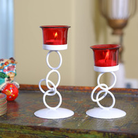HOSLEY Metal Red Glass Tealight Candle Holder| Tealight Candle Holder with Glass Holder Perfect for Home Decor Wedding Parties Tabletop| 1-Cup Centerpiece(Pack of 2) with Pack of 2 Tealights (White)