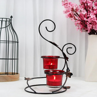 HOSLEY Metal Red Glass Tealight Candle Holder| Tealight Candle Holder with Glass Holder Perfect for Home Decor Tabletop| 2-Cup Centerpiece(Pack of 1) with Pack of 2 Tealights (Black)