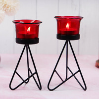 HOSLEY Metal Red Glass Tealight Candle Holder|Tealight Candle Holder with Glass Holder Perfect for Home Decor Tabletop| 2-Cup Centrepiece |Pack of 2 with Pack of 2 Tealights (Black)