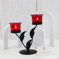 HOSLEY Metal Red Glass Tealight Candle Holder|Tealight Candle Holder with Glass Holder Perfect for Home Decor Tabletop|2-Cup Centrepiece Pack of 1 with Pack of 2 Tealight (Black)