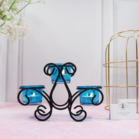 HOSLEY Metal Blue Glass Tealight Candle Holder| Tealight Candle Holder with Glass Holder Perfect for Home Decor Wedding Parties Tabletop| 3-Cup Centerpiece with Pack of 3 Tealights (Black)