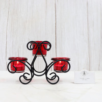 HOSLEY Metal Red Glass Tealight Candle Holder| Tealight Candle Holder with Glass Holder Perfect for Home Decor Wedding Parties Tabletop| 3-Cup Centerpiece with Pack of 3 Tealights (Black)