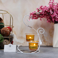 HOSLEY Metal Yellow Glass Tealight Candle Holder|Tealight Candle Holder with Glass Holder Perfect for Home Decor Tabletop| 2- Cup Centrepiece Pack of 1 with Pack of 2 Tealights