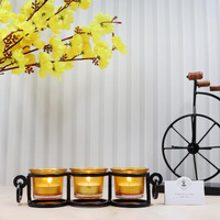 HOSLEY Metal Yellow Glass Tealight Candle Holder|Tealight Candle Holder with Glass Holder Perfect for Home Decor Tabletop|3- Cup Centrepiece Pack of 1 with Pack of 3 Tealights