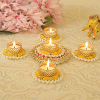 TIED RIBBONS Set of 6 Florals Tealight Candle Holders for Diyas Home Decorations Centerpieces Votives - Decorations Items for Home Decor (Yellow, Pack of 6)