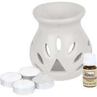 Pure Source India Ceramic Aroma Burner Regular Ivory White Color with 10 ML Relaxing Aroma Oil and 4 Tea Light Candle (Oil Burner Set)