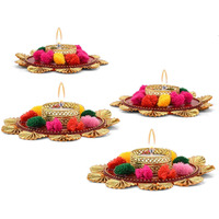 Collectible India Set of 4 Assorted Mix Color Round Metallic Diya Tea Light Candle Holder for Home Temple Festival Decoration Puja Articles Decor Gifts TeaLight (4 Pcs)